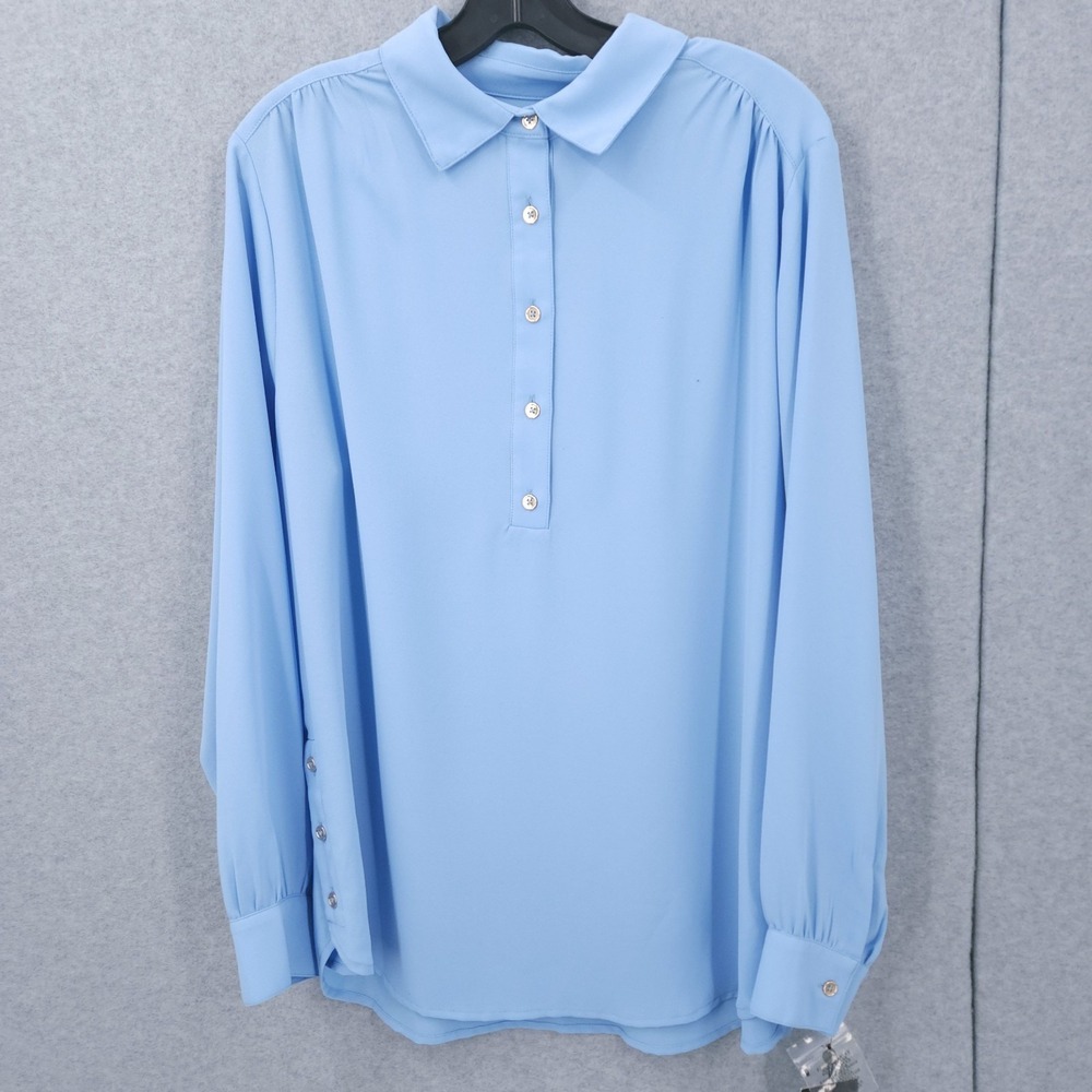 Jones New York Solid Color Side Button Collared Blue Tunic Top Womens Size XS